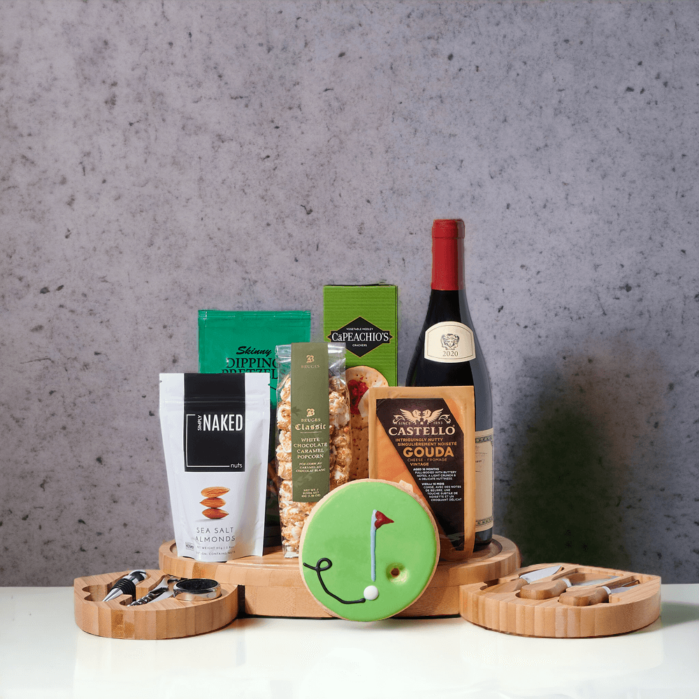 Cheese and Wine Golf Themed Basket – how the gift is presented
