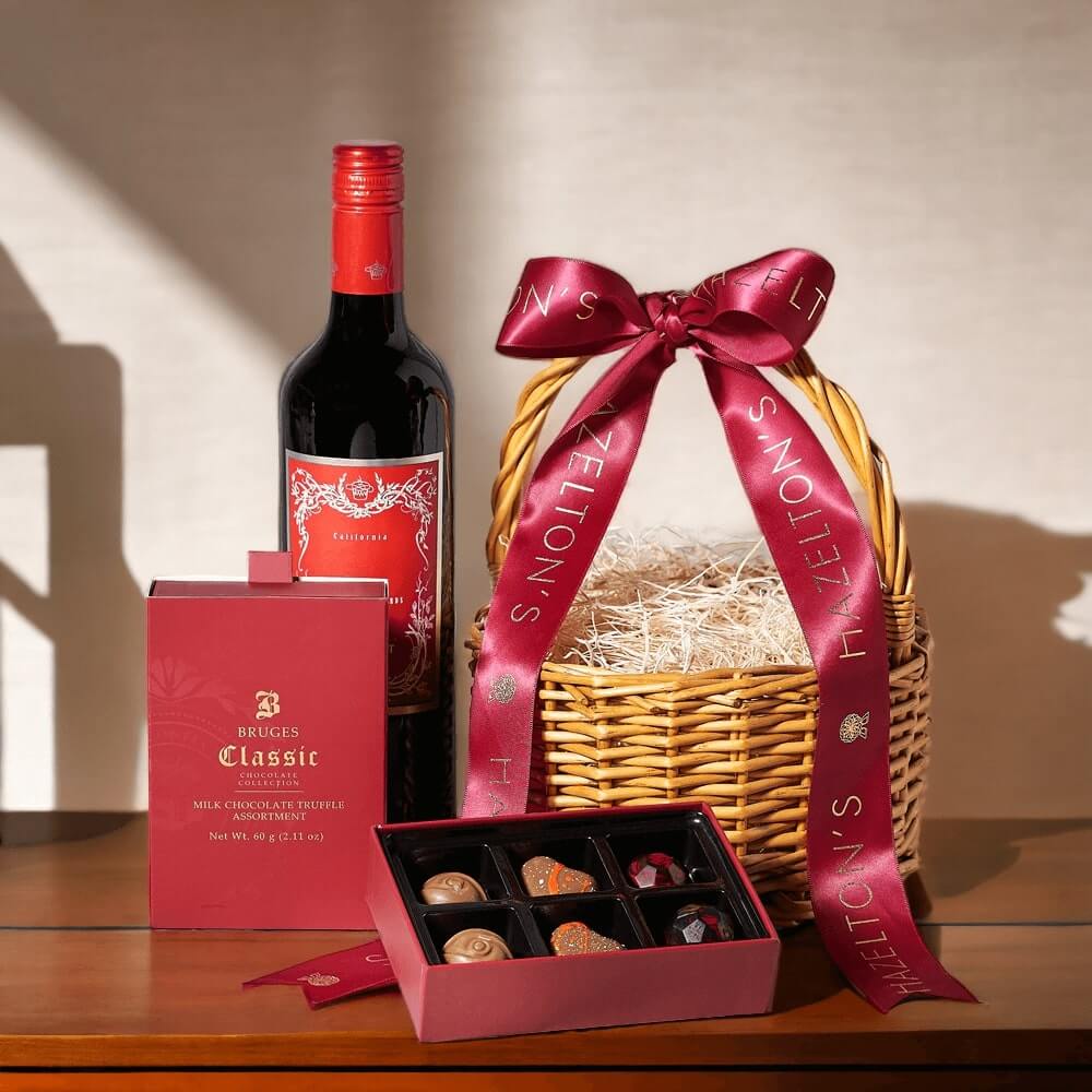 Wine and Chocolate Truffle Wicker Basket – how the gift is presented