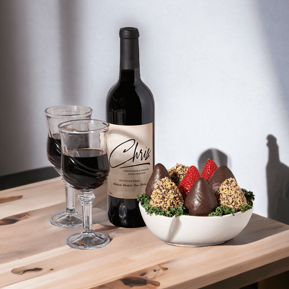 The Chocolate Dipped Strawberry Gift Basket with Wine