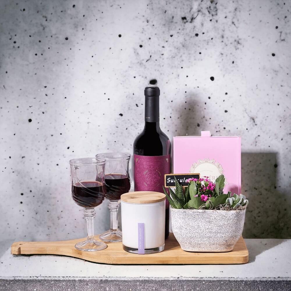 Wine, Chocolates, & Potted Plant Gift Basket