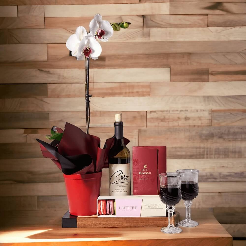 Wine, Macarons, & Orchid Gift Set